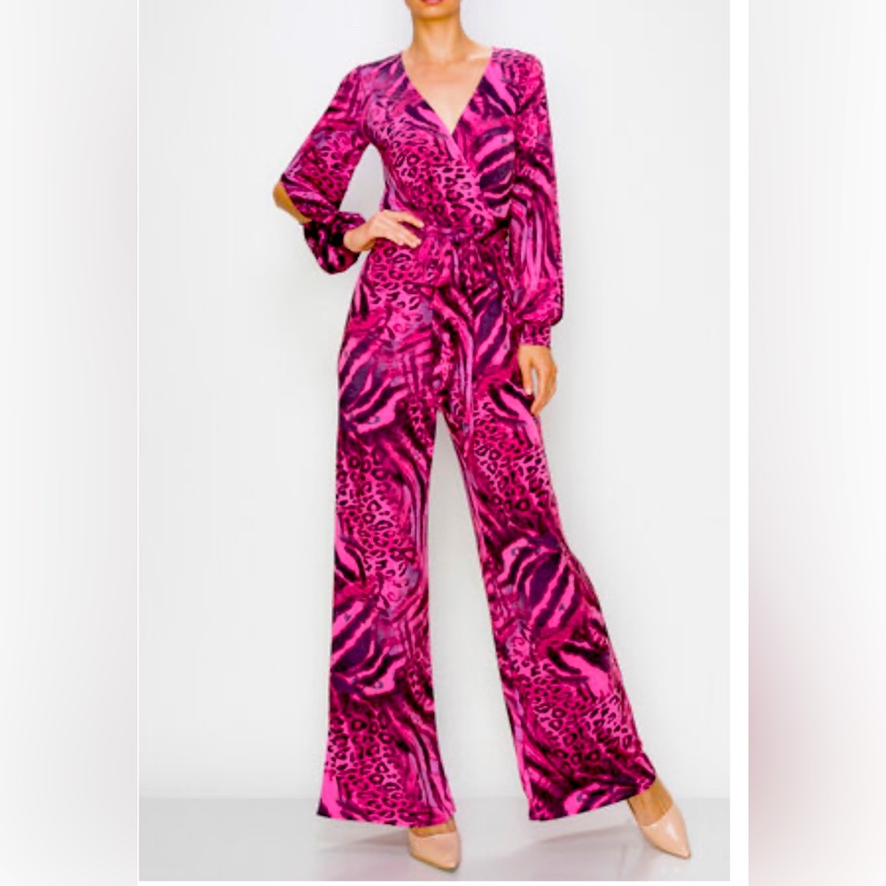 Brand New! Pink Animal print one piece Jumper with open slit sleeves.